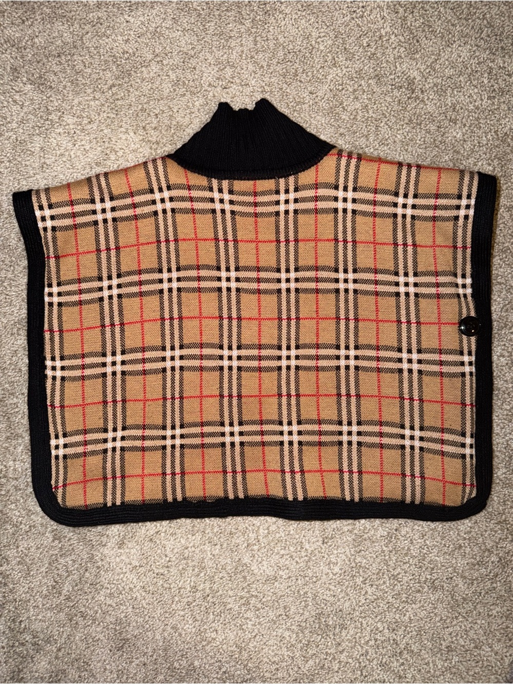 Burberry Tan Plaid Kids Ponch with Black Trim and Red Accents